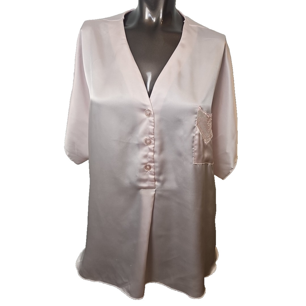 Vintage 80s Amaretta Women’s XL Pink Pajama Top Satin Look Lace Pocket USA Made